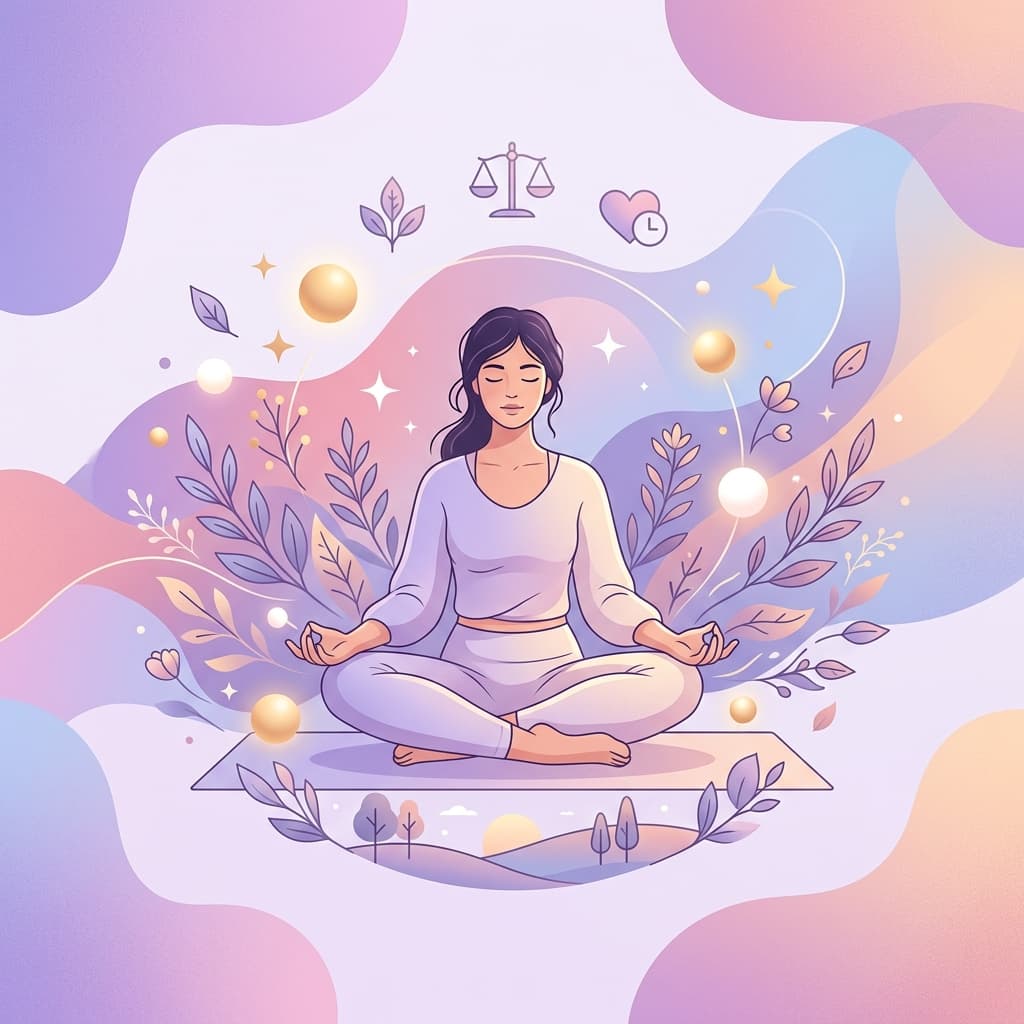 Tranquil illustration of a woman meditating, surrounded by calming lilac and rose leafy patterns representing preventive health and mental wellness