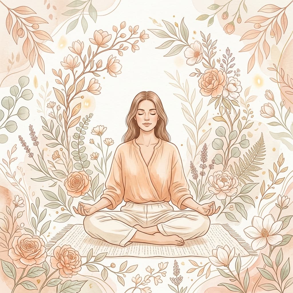 Premium illustration of a woman in reflection surrounded by botanical leaves and growth themes